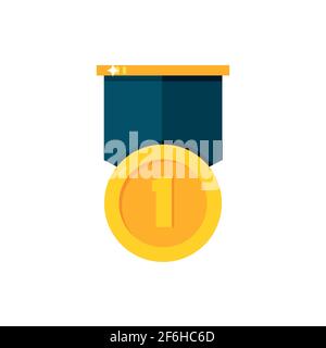 Gold medal isolated on a white background. Gold medal for first place. Gold medal flat icon. Stock Vector