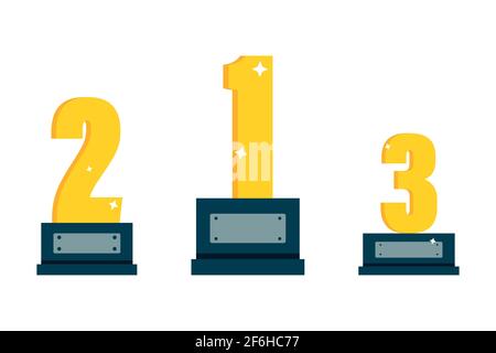 Gold numbers of the winners. Cups. Vector illustration. Stock Vector