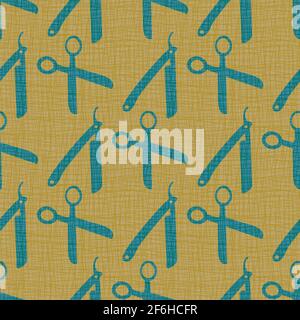 Barber shop tools vector seamless pattern background. Duotone ochre teal backdrop with scissors and razor blades With fibre blend texture.Hairdressing Stock Vector