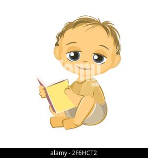 Little child. Boy. Sits reading a book. Isolated object on a white background. Cheerful kind funny. Cartoons flat style. Preschool age. Childhood Stock Vector