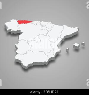 Asturias region location within Spain 3d isometric map Stock Vector
