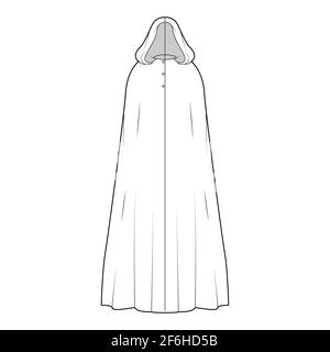Cloak coat technical fashion illustration with hood, oversized trapeze ...