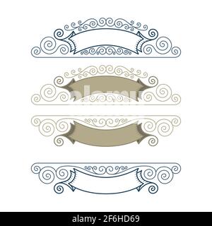 Vintage style banner illustrations set. Outline calligraphic border design elements. Curled floral frame ornaments. Calligraphic design elements. Part Stock Vector