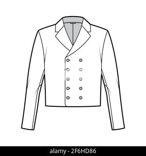 Monkey jacket technical fashion illustration with double breasted, long sleeves, notched collar, waist length. Flat coat template front, white color style. Women, men, unisex top CAD mockup Stock Vector