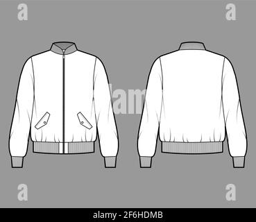 Zip-up Bomber ma-1 flight jacket technical fashion illustration with Rib baseball collar, cuffs, waistband , oversized, long sleeves. Flat coat template front, back white color. Women men CAD mockup Stock Vector