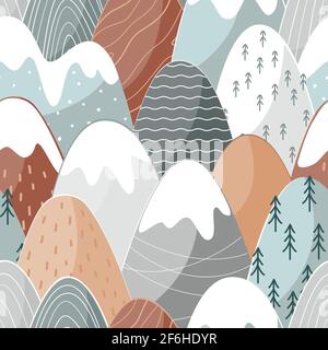 Seamless pattern with doodle mountains in scandinavian style. Decorative landscape background. Cute hand drawn ornament Stock Vector