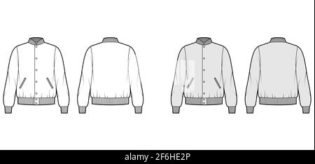 Varsity Bomber jacket technical fashion illustration with Rib baseball collar, cuffs, waistband, jetted pockets, buttons fastening. Flat coat template front, back white, grey color. Women men top CAD Stock Vector