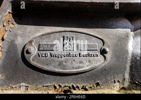 Germany , Hoyerswerda , 30.03.2021 , VEB Wagon construction Bautzen nameplate Stock Photo
