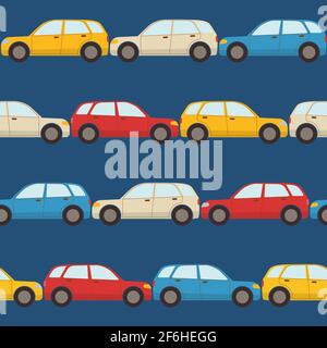 Seamless pattern with colorful cars on blue background Stock Vector