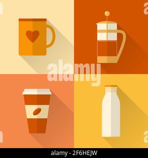 Collection of flat style coffee icons with long shadow Stock Vector