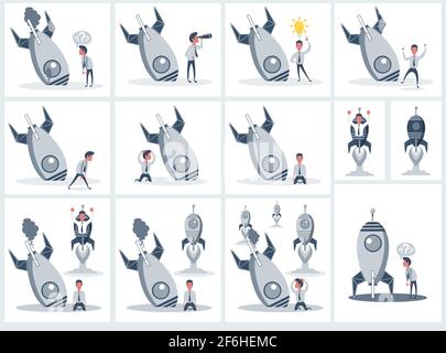 Startup rocket crash. Young unhappy sad businessman about launching not working project, management failed to achieve profit. Vector flat style Stock Vector