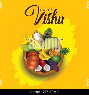 Happy Vishu greetings. April 14 Kerala festival with Vishu Kani, vishu flower Fruits and vegetables in a bronze vessel. vector illustration design Stock Vector