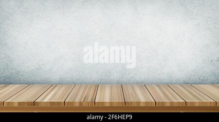 Realistic wooden table on the background of a gray old wall - Vector illustration Stock Vector