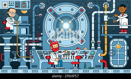 Team of scientists starts reactor in the control room of physics laboratory. Stock Vector