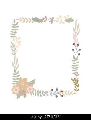 Simple flowers pastel-colored floral frame in flat style vector illustration, symbol of spring, cozy home, holidays celebration arrangement decor, clipart for cards, bohemian springtime decoration Stock Vector