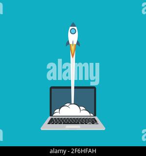 Startup vector concept, flat cartoon rocket launch, idea of successful business project start up, boost technology, innovation. Stock Vector