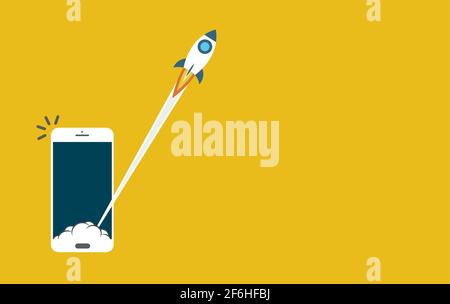 Startup vector concept on smartphone, flat cartoon rocket launch, idea of successful business project start up, boost technology, innovation. Stock Vector