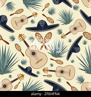 Vector seamless pattern with mexican sombrero hat, guitar, maracas and blue agave plants. Mexican background, wallpaper. Stock Vector