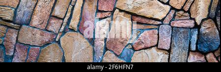 The wall is made of multi-colored natural stone, the masonry is stone on cement. Concept - stone wallpaper, background and decor, wide banner Stock Photo