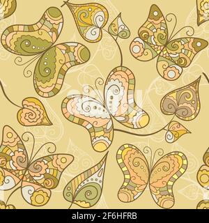 Seamless pattern with lace hand drawn butterflies and leaves Stock Vector