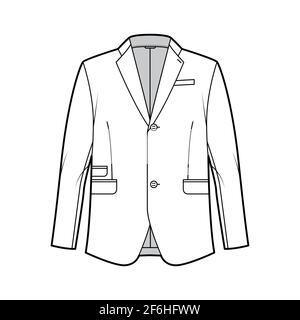 Tailored jacket lounge suit technical fashion illustration with long sleeves, notched lapel collar, flap went pockets. Flat coat template front, white color style. Women, men, unisex top CAD mockup Stock Vector