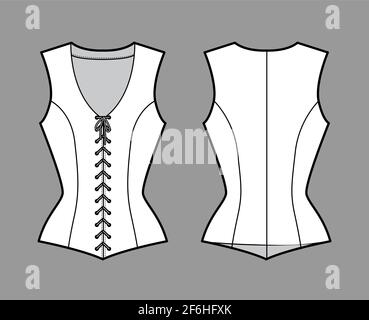 Bodice vest waistcoat technical fashion illustration with sleeveless, V-neck, lacing front closure, fitted body. Flat template back, white, grey color style. Women, men, unisex top CAD mockup Stock Vector