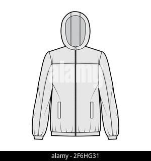 Windbreaker jacket technical fashion illustration with hood, oversized, long sleeves, welt pockets, zip-up opening. Flat coat template front, grey color style. Women, men, unisex top CAD mockup Stock Vector