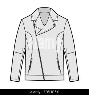 Zip-up biker jacket technical fashion illustration with asymmetrical zip front fold-over lapels collar, welt pockets, moto details. Flat coat template grey color style. Women men unisex top CAD mockup Stock Vector