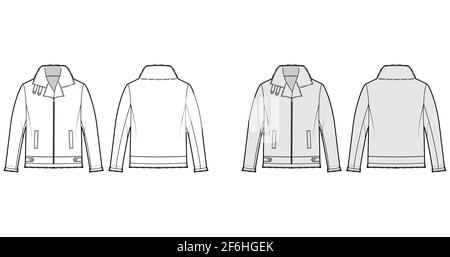 Zip-up Bomber leather jacket technical fashion illustration with fur shearing, oversized, long sleeves, pockets. Flat coat template front, back white, grey color style. Women men unisex top CAD mockup Stock Vector