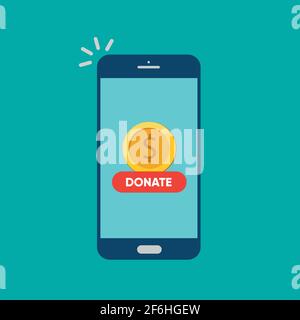 Smartphone with gold coin and button on screen. Donate online concept.  Stock Vector