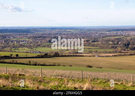 View north west from Morgan's Hill to town of Calne, Wiltshire, England, UK Stock Photo