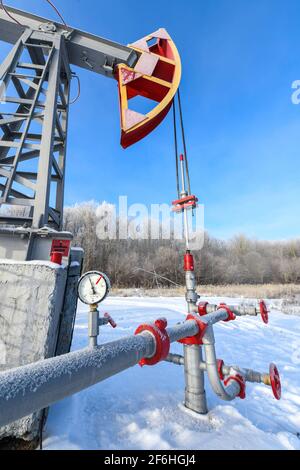 Oil pressure gauge shows 10 ATM (Max 15 Bar - red line). Oil pumpjack winter work. A pumpjack is the overground drive for a reciprocating piston pump Stock Photo