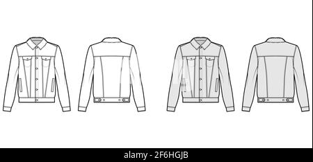Sherpa lined denim jacket technical fashion illustration with oversized body, flap welt pockets, button closure, long sleeves. Flat apparel front, back, white, grey color style. Women, men CAD mockup Stock Vector