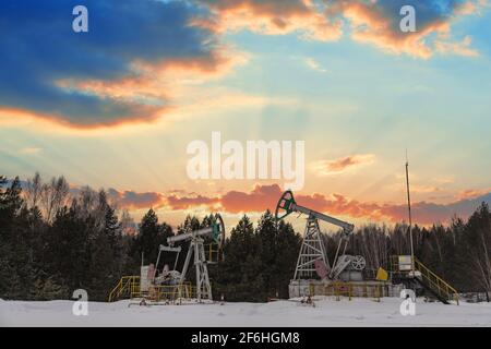 Oil pumps. Russia Oil industry equipment. Oil rig energy industrial machine for petroleum crude. Oil crisis. Fiery red clouds from the glow of the sun Stock Photo