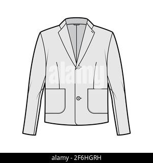 Blazer jacket suit technical fashion illustration with long sleeves,  notched lapel collar, patch pockets, oversized body. Flat coat template  front, back, white color style. Women, men, top CAD mockup Stock Vector  Image