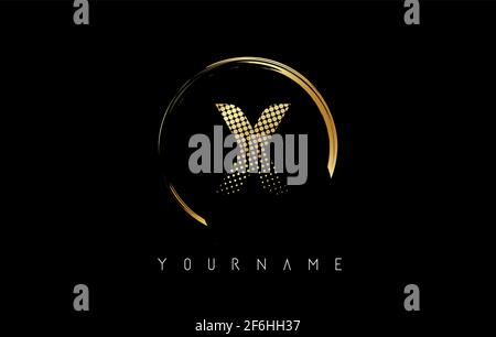 Golden W letter logo design with golden dots and circle frame on black ...