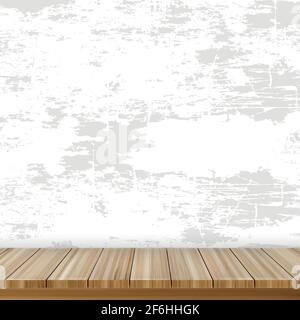 Realistic wooden table on the background of a gray old wall - Vector illustration Stock Vector