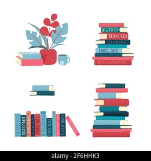 Vertical stack of old historical books in hardbacks with bookmarks isolated on white background. Pile of ancient textbooks for reading. Colored hand Stock Vector