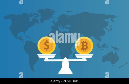 Balance Dollar VS Bitcoin concept with world map on the background. Vector. Stock Vector