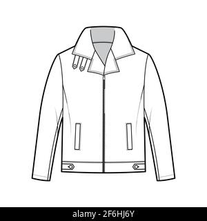 Zip-up Bomber leather jacket technical fashion illustration with tabs, oversized, thick collar, long sleeves, welt pockets. Flat coat template front, white color style. Women men unisex top CAD mockup Stock Vector