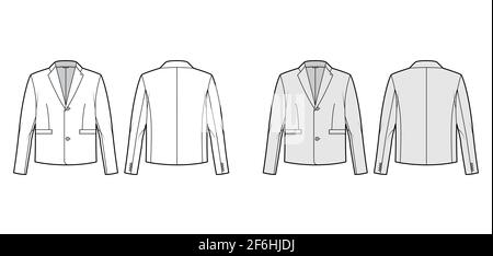 Single breasted jacket suit technical fashion illustration with long sleeves, notched collar, flap welt pockets. Flat coat template front, back, white, grey color style. Women, men, unisex CAD mockup Stock Vector