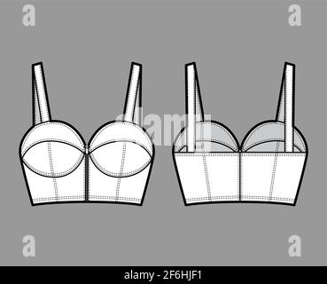 Women's Bra technical fashion Illustration. Crop Top fashion flat technical  drawing template, straps, zip-up, slim fit, front and back view, white, CAD  mockup. Stock Vector