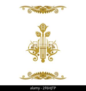 Vintage style logo and design elements. Hand drawn floral ornaments. Luxury golden symbols vector template. Part of set. Stock Vector