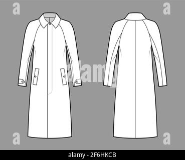 Mackintosh coat technical fashion illustration with raglan long sleeves, oversized body, midi length. Flat rubber jacket template front, back, white color style. Women, men, unisex top CAD mockup Stock Vector