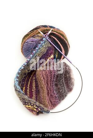 Knitting using  circular needles and yarn Stock Photo