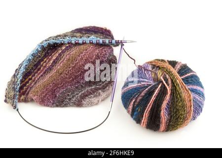 Knitting using  circular needles and yarn Stock Photo