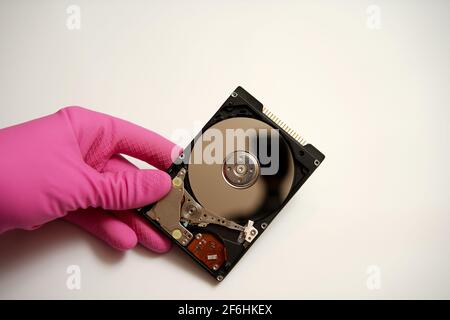 Disassembled hard disk of computer memory in hand in a rubber pink glove on a white background. Stock Photo