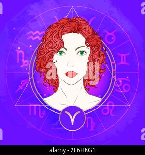 Vector illustration of Aries zodiac sign and portrait beautiful girl on abstract background with horoscope circle. Mysticism, esoteric, astrology. Fir Stock Vector