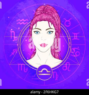 Vector illustration of Libra zodiac sign and portrait beautiful girl on abstract background with horoscope circle. Mysticism, esoteric, astrology. Air Stock Vector
