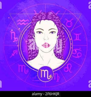 Vector illustration of Scorpio zodiac sign and portrait beautiful girl on abstract background with horoscope circle. Mysticism, esoteric, astrology.Wa Stock Vector